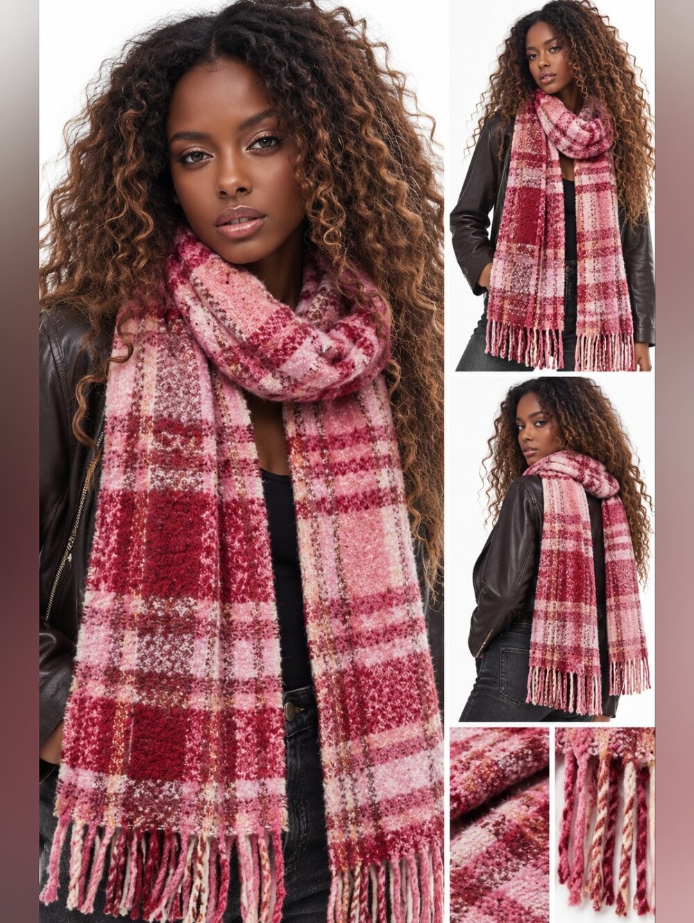NWT Echo ECHO23NYC Pink Red Plaid Fringe Oversized Scarf Blanket Soft Long